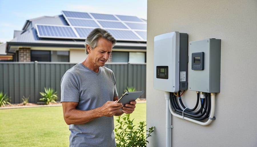 Homeowner holding solar system hardware while sunlight suggests solar panels outside