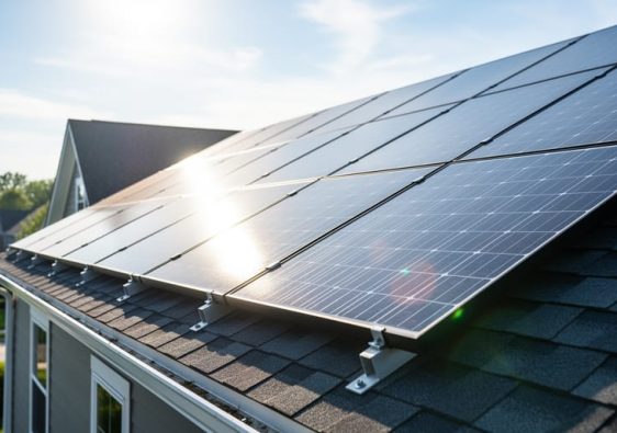 Solar panels installed on a modern home roof under bright sunlight, illustrating home solar energy generation.