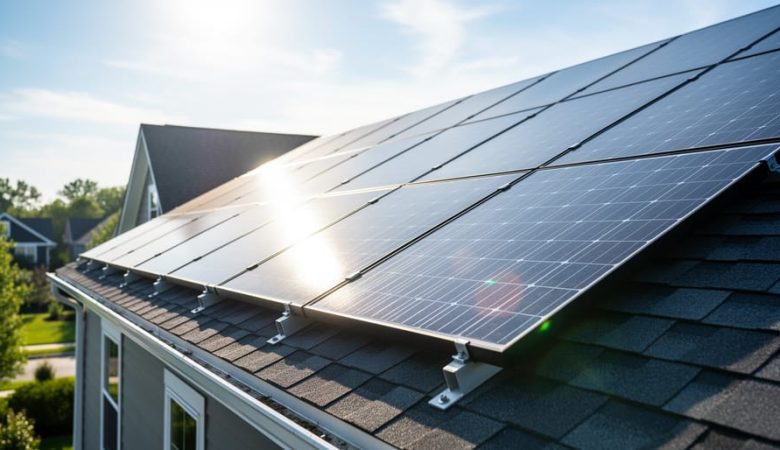 Solar panels installed on a modern home roof under bright sunlight, illustrating home solar energy generation.