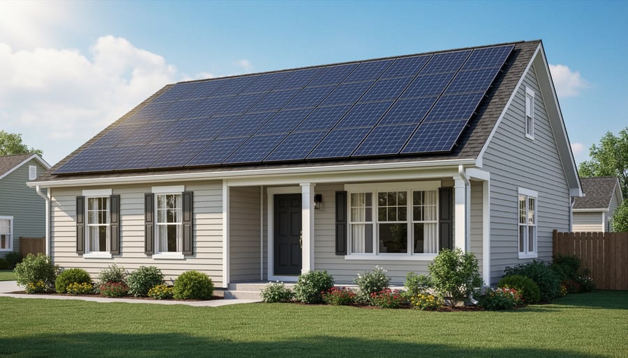 Solar panels installed on a suburban home rooftop under bright morning sunlight