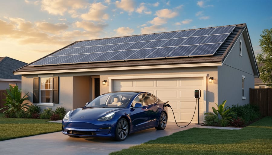 Solar panels on a home roof with an electric vehicle charging in the driveway
