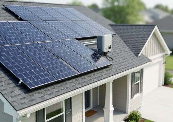 Modern suburban home with solar panels installed on the roof under bright overcast daylight.
