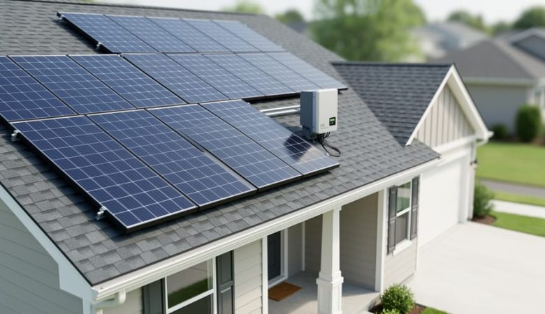 Modern suburban home with solar panels installed on the roof under bright overcast daylight.