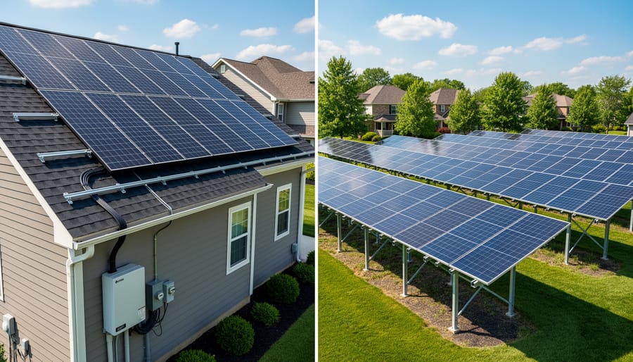 Golden-hour view of residential solar panels on both roof and ground mounts in a backyard setting