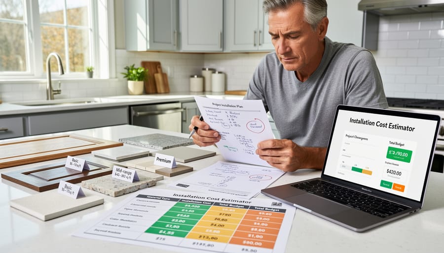 Homeowner reviewing solar installation materials beside stored equipment and mounting hardware