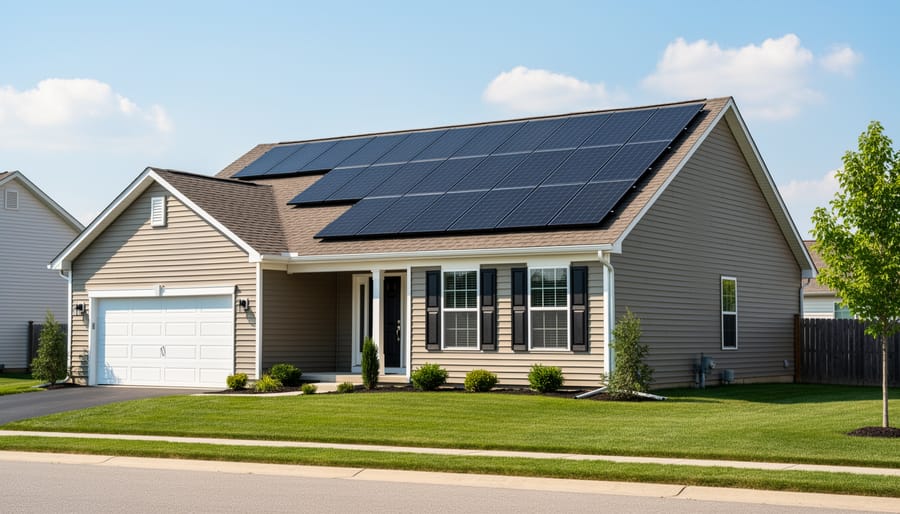 Residential solar panels installed on a modern home roof under bright morning sunlight
