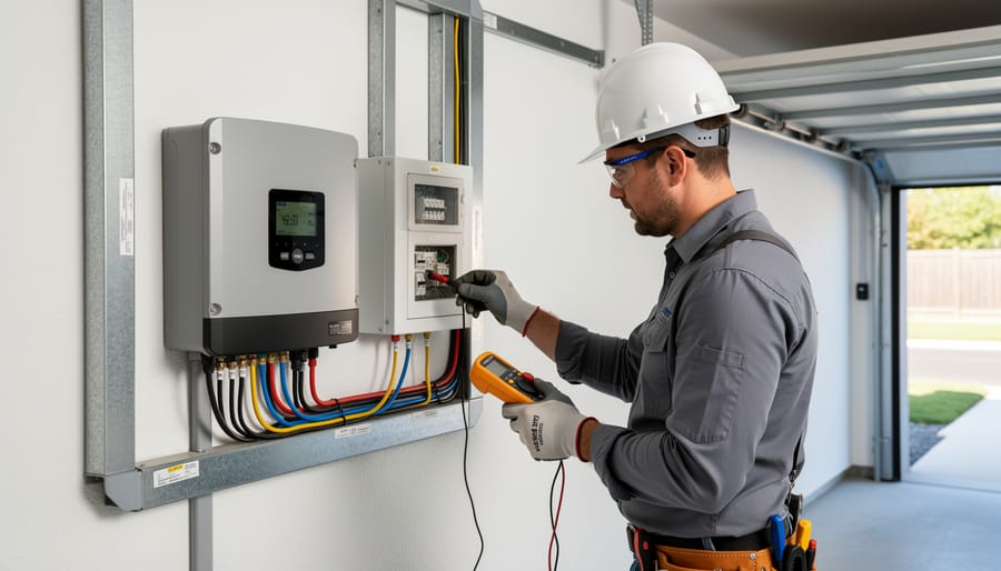 Solar technician inspecting an exterior inverter and electrical connections on a home
